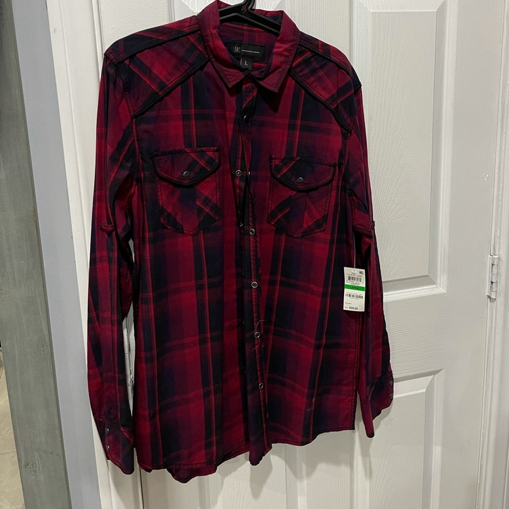 Black and burgundy button down for men. Large